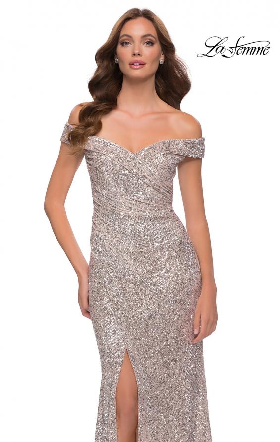 Picture of: Off the Shoulder Ruched Sequin Dress with Slit in Silver, Style 29831, Detail Picture 5