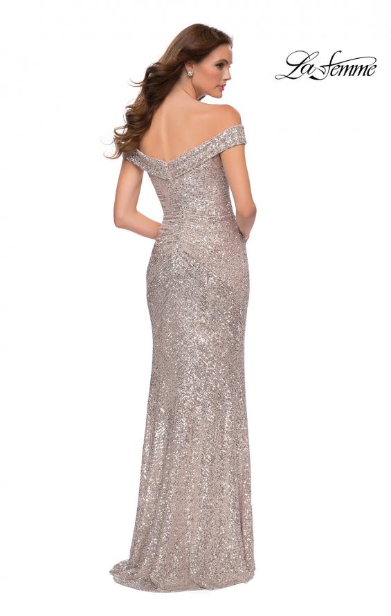 Picture of: Off the Shoulder Ruched Sequin Dress with Slit in Silver, Style 29831, Detail Picture 6