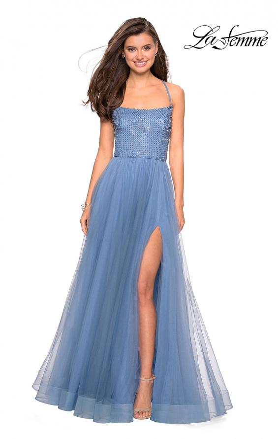 Picture of: Long A Line Tulle Prom Dress with Beading in Slate Blue, Style: 27668, Main Picture