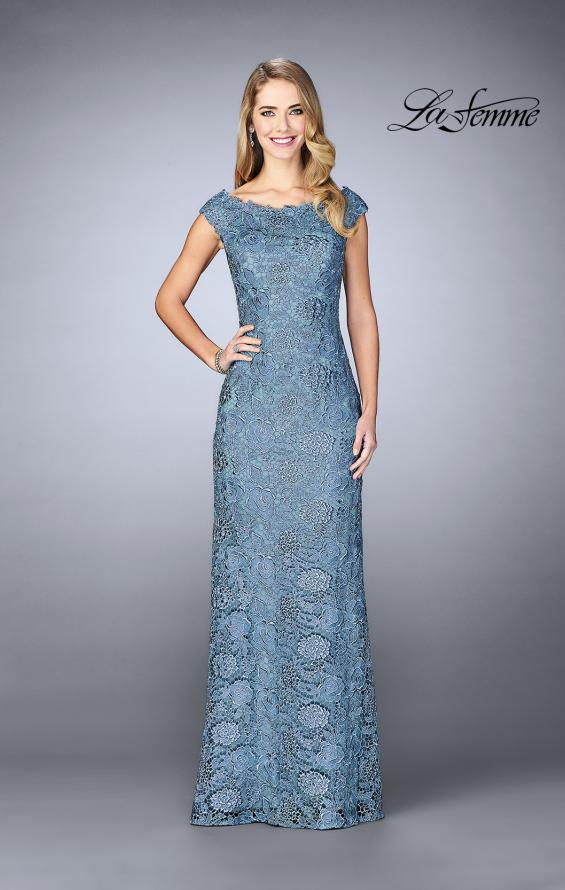 Picture of: Long Metallic Lace Prom Dress with Boat neck in Slate Blue, Style: 24860, Detail Picture 1