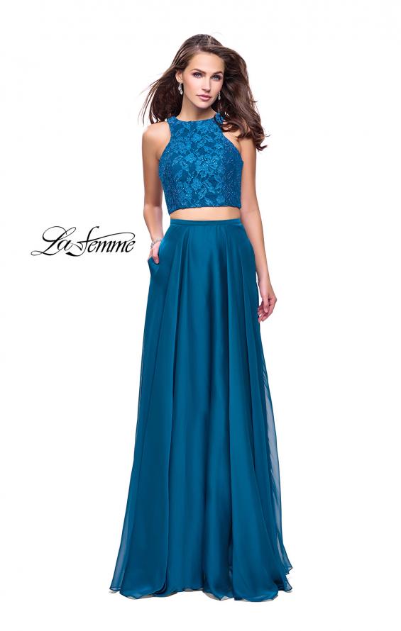 Picture of: Two Piece Prom Gown with Beaded lace Top and Pockets in Teal, Style: 26087, Detail Picture 3