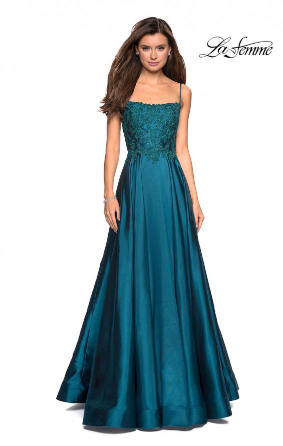 Picture of: Long Mikado Gown with Lace Bust and Open Back in Teal, Style: 27222, Detail Picture 3