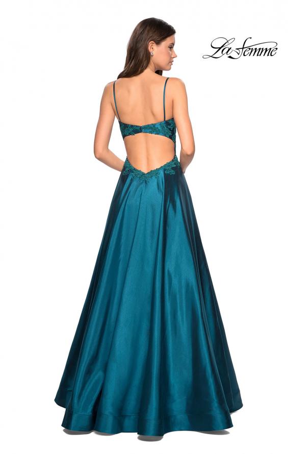 Picture of: Long Mikado Gown with Lace Bust and Open Back in Teal, Style: 27222, Detail Picture 4