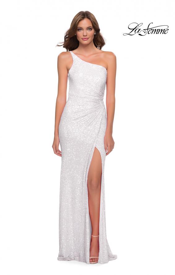 Picture of: Sequin Gown with One Shoulder Top and Open Back in White, Style 29962, Main Picture