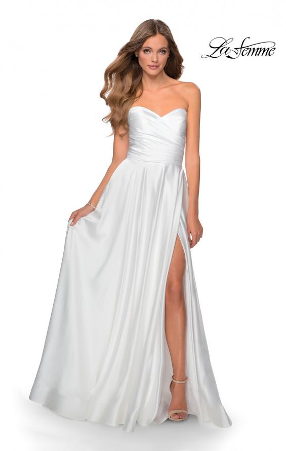 Picture of: Strapless Satin Gown with Pleated Bodice and Slit in White, Style: 28608, Detail Picture 9