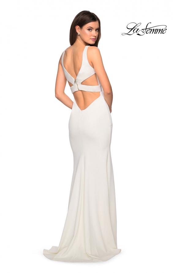 Picture of: Long Jersey Prom Dress with Cut Out Back Detail in White, Style: 27181, Back Picture