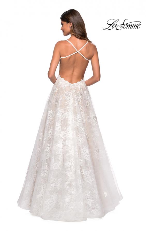 Picture of: Floor Length Lace Dress with Criss Cross Open Back in White, Style: 27448, Back Picture