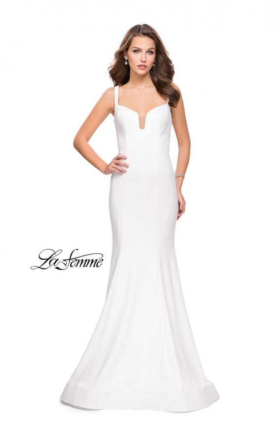 Picture of: Long Form Fitting Jersey Prom Dress with Open Back in White, Style: 25651, Detail Picture 2