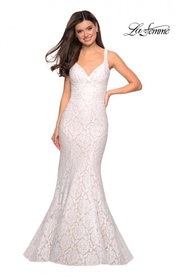 Picture of: Stretch Lace Long Dress with Open Strappy Back in White, Style: 27623, Detail Picture 2