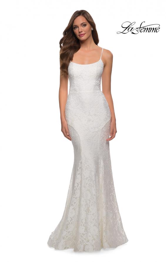 Picture of: Stretch Lace Gown with Lace Up Strappy Back in White, Style 29611, Detail Picture 2