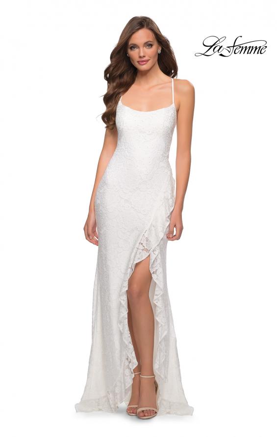 Picture of: Stretch Lace Dress with Ruffle Skirt Detail and Slit in White, Style 29650, Detail Picture 2