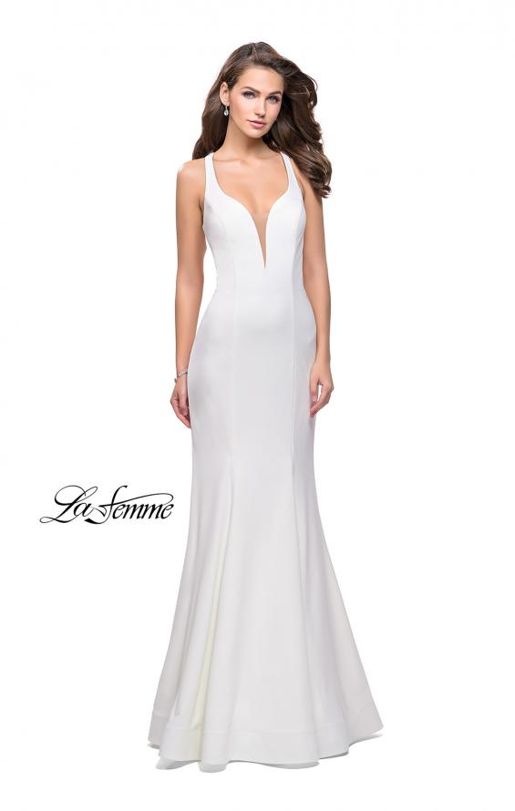 Picture of: Long Jersey Mermaid Dress with Deep V and Strappy Back in White, Style: 25594, Detail Picture 3