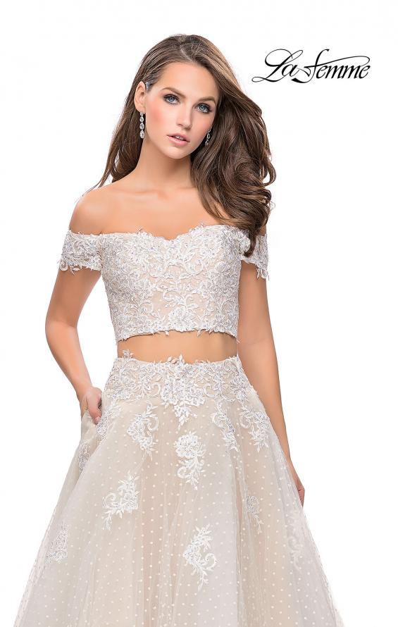 Picture of: Off the Shoulder Two Piece Gown with Polka Dot Print in White, Style: 26110, Detail Picture 3