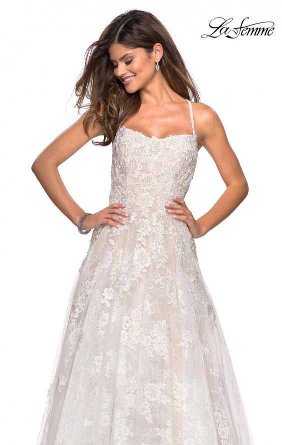 Picture of: Floor Length Lace Dress with Criss Cross Open Back in White, Style: 27448, Detail Picture 3