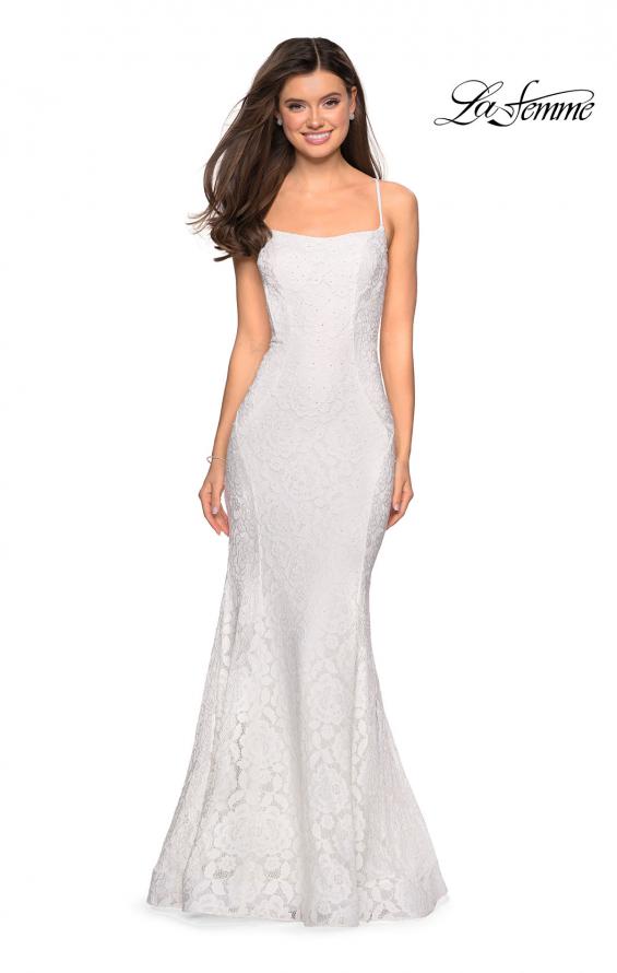Picture of: Stretch Lace Gown with Square Neckline and Open Back in White, Style: 27565, Detail Picture 3