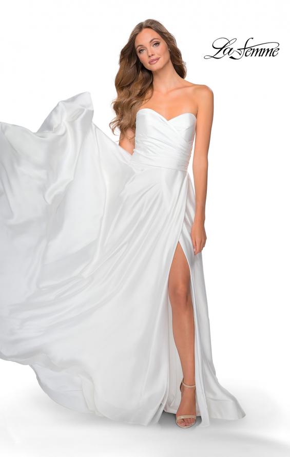 Picture of: Strapless Satin Gown with Pleated Bodice and Slit in White, Style: 28608, Detail Picture 4
