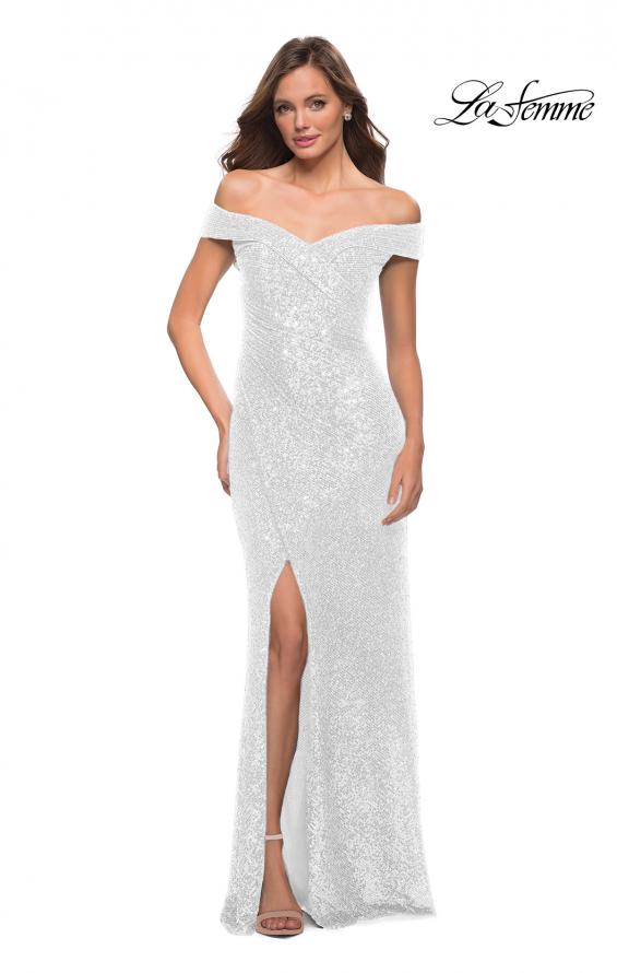 Picture of: Off the Shoulder Ruched Sequin Dress with Slit in White, Style 29831, Detail Picture 4