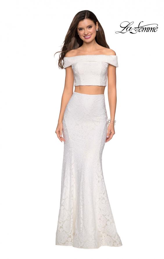 Picture of: Lace Two Piece Off the Shoulder Dress with Rhinestones in White, Style: 27443, Detail Picture 5