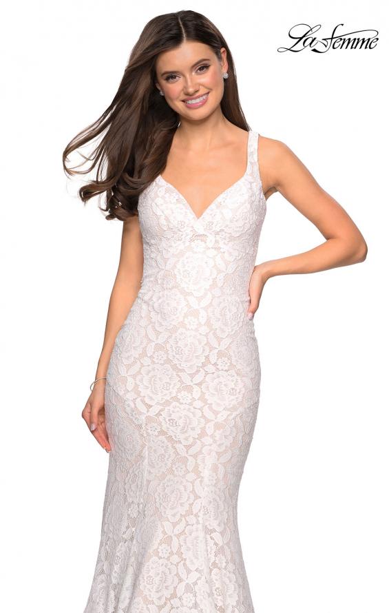 Picture of: Stretch Lace Long Dress with Open Strappy Back in White, Style: 27623, Detail Picture 6
