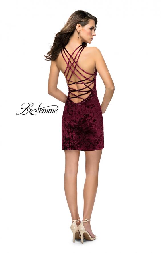 Picture of: High Neck Short Velvet Dress with Criss Cross Back Straps in Wine, Style: 26663, Detail Picture 3