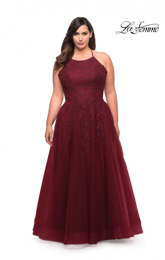 Picture of: Tulle Gown with Lace Bodice and High Neckline in Wine, Style: 29071, Detail Picture 1