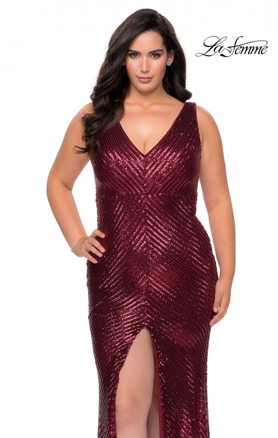 Picture of: Sequin Striped Plus Size Prom Dress with Center Slit in Wine, Style: 28796, Detail Picture 2