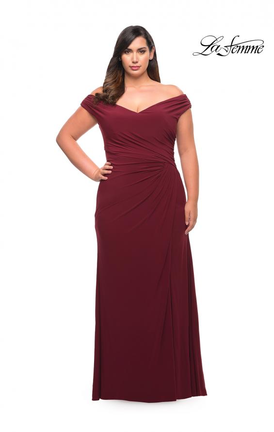 Picture of: Matte Jersey Long Plus Dress with Ruching and Slit in Wine, Style: 29663, Detail Picture 4