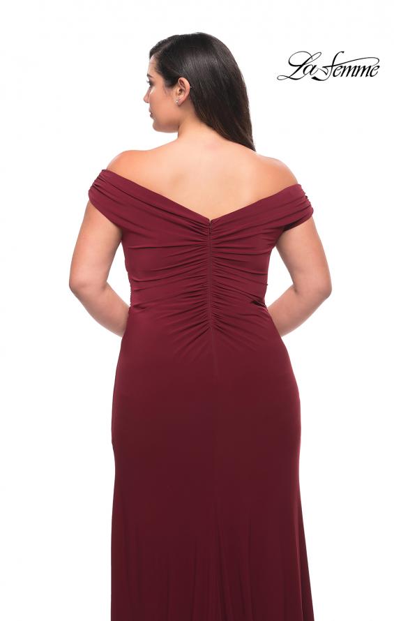 Picture of: Matte Jersey Long Plus Dress with Ruching and Slit in Wine, Style: 29663, Detail Picture 5
