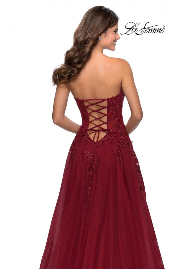 Picture of: Strapless Tulle Dress with Cascading Floral Detail in Wine, Style: 28599, Detail Picture 8