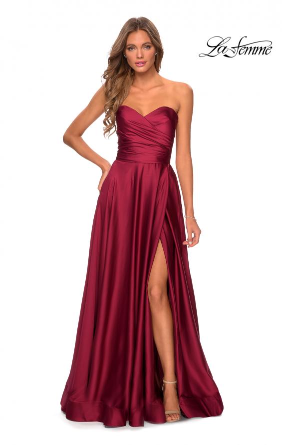 Picture of: Strapless Satin Gown with Pleated Bodice and Slit in Wine, Style: 28608, Detail Picture 8