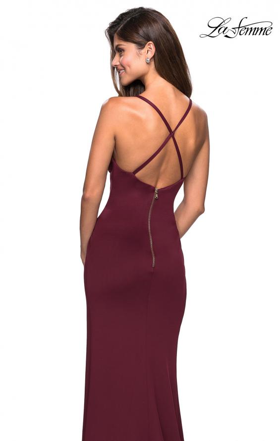 Picture of: Long Jersey Ruched Dress with Side Leg Slit in Wine, Style: 27317, Back Picture