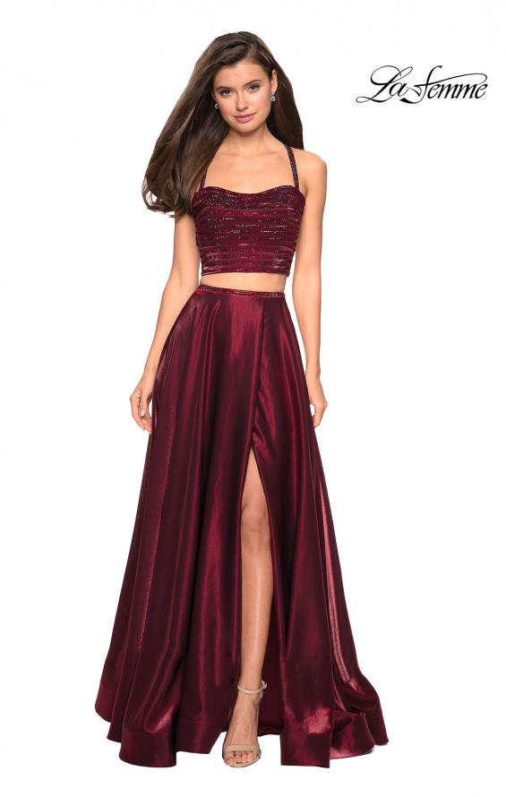 Picture of: Two PIece Satin Prom Dress with Rhinestone Top in Wine, Style: 27607, Detail Picture 1