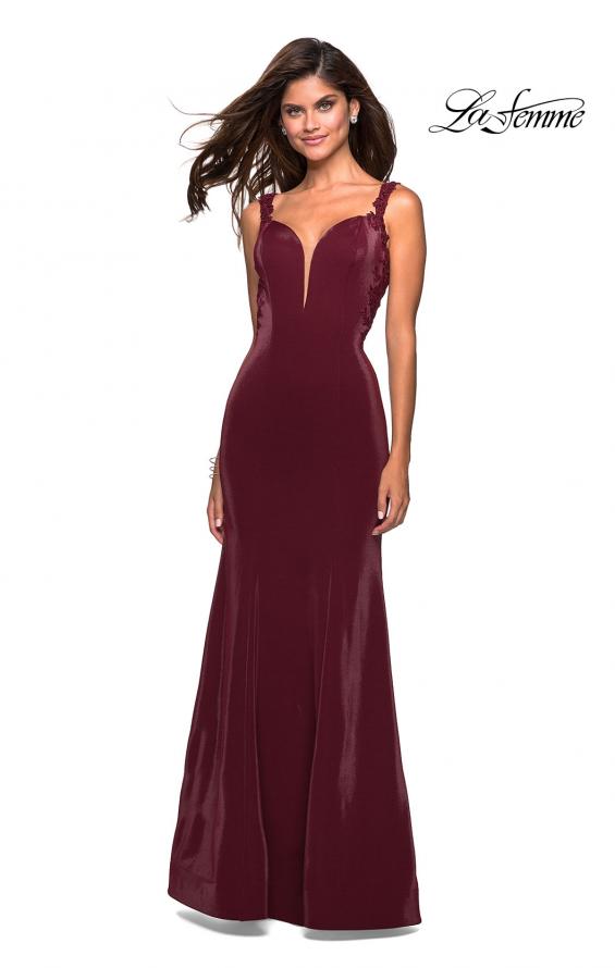 Picture of: Jersey Prom Dress with Strappy Back and Lace Accents in Wine, Style: 27474, Detail Picture 2