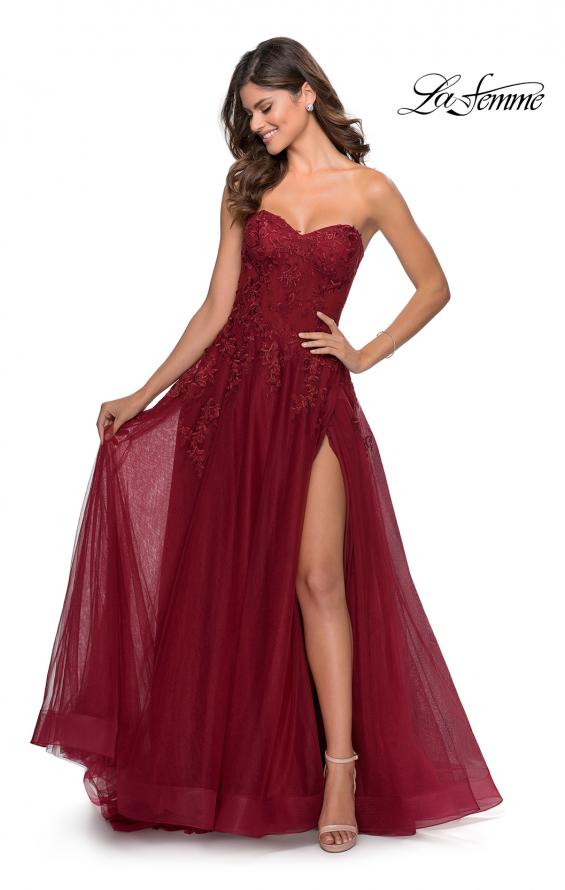 Picture of: Strapless Tulle Dress with Cascading Floral Detail in Wine, Style: 28599, Detail Picture 2