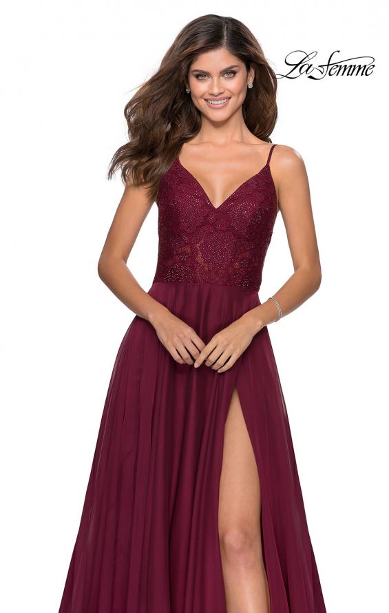 Picture of: Chiffon Prom Dress with Sheer Floral Lace Bodice in Wine, Style: 28664, Detail Picture 2