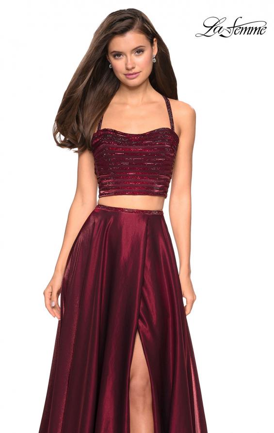 Picture of: Two PIece Satin Prom Dress with Rhinestone Top in Wine, Style: 27607, Detail Picture 3