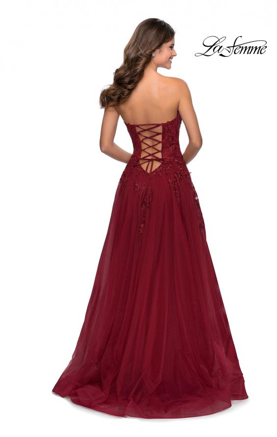 Picture of: Strapless Tulle Dress with Cascading Floral Detail in Wine, Style: 28599, Detail Picture 3