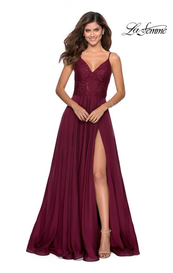 Picture of: Chiffon Prom Dress with Sheer Floral Lace Bodice in Wine, Style: 28664, Detail Picture 7