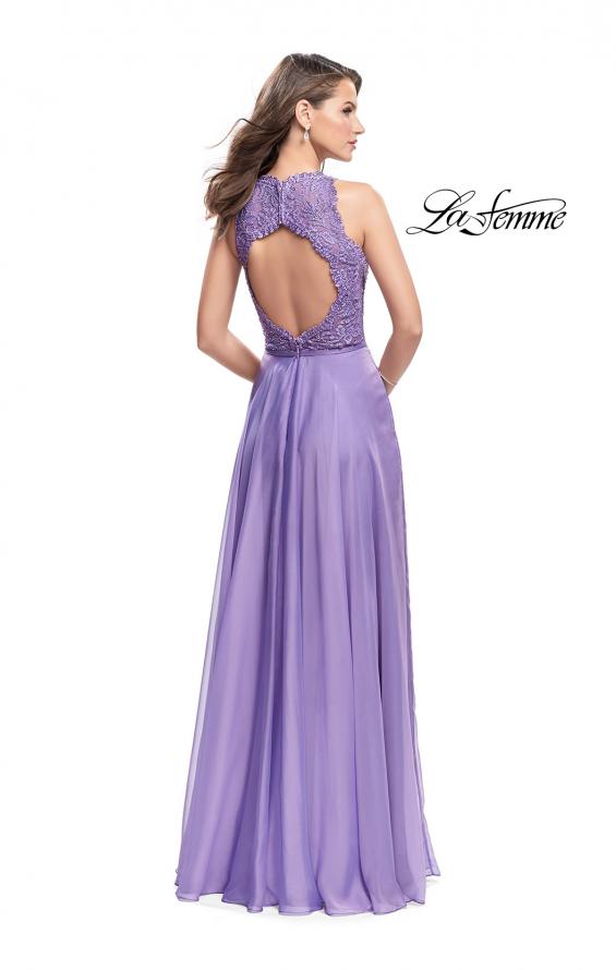 Picture of: Long A-line Dress with Chiffon Skirt and Strappy Details in Wisteria, Style: 25487, Back Picture
