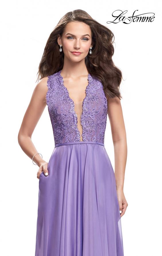 Picture of: Long A-line Dress with Chiffon Skirt and Strappy Details in Wisteria, Style: 25487, Detail Picture 1