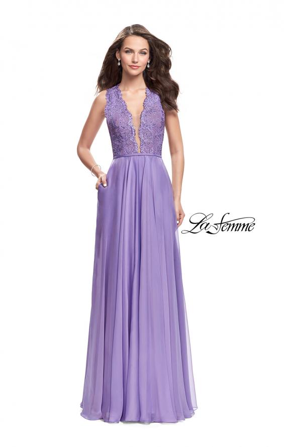Picture of: Long A-line Dress with Chiffon Skirt and Strappy Details in Wisteria, Style: 25487, Detail Picture 2