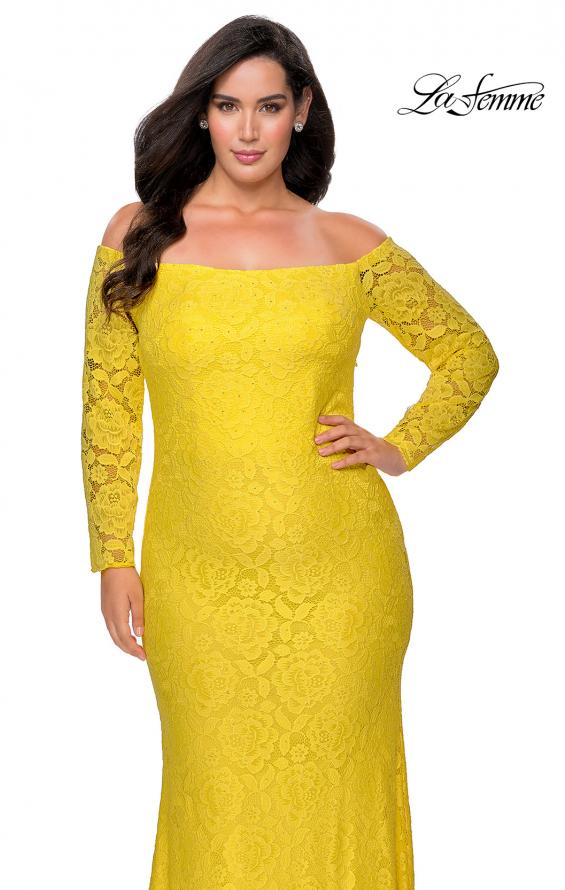 Picture of: Long Sleeve Off The Shoulder Lace Plus Size Dress in Yellow, Style: 28859, Detail Picture 8