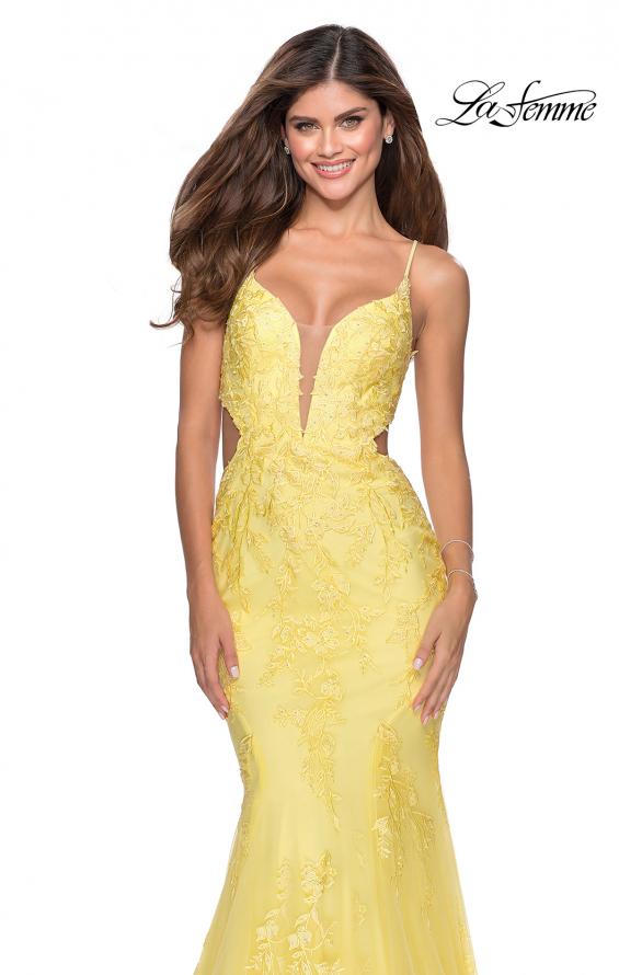 Picture of: Mermaid Tulle Gown with Floral Lace and Rhinestones in Yellow, Style: 28768, Main Picture