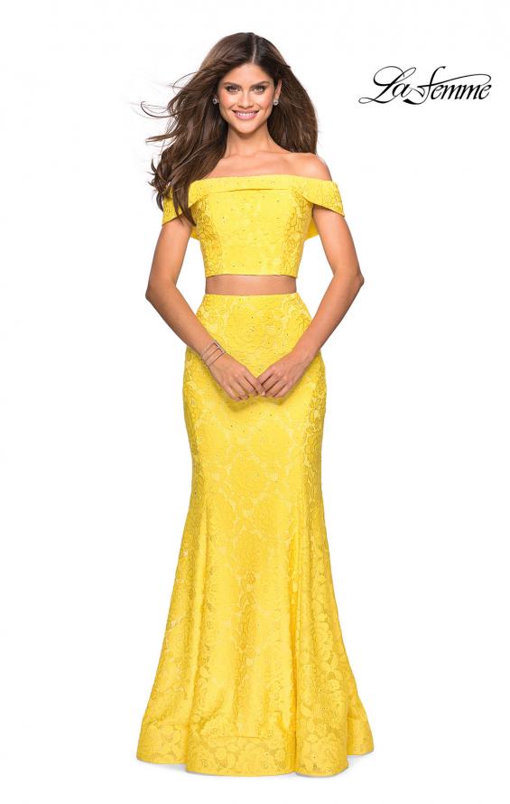Picture of: Lace Two Piece Off the Shoulder Dress with Rhinestones in Yellow, Style: 27443, Detail Picture 9