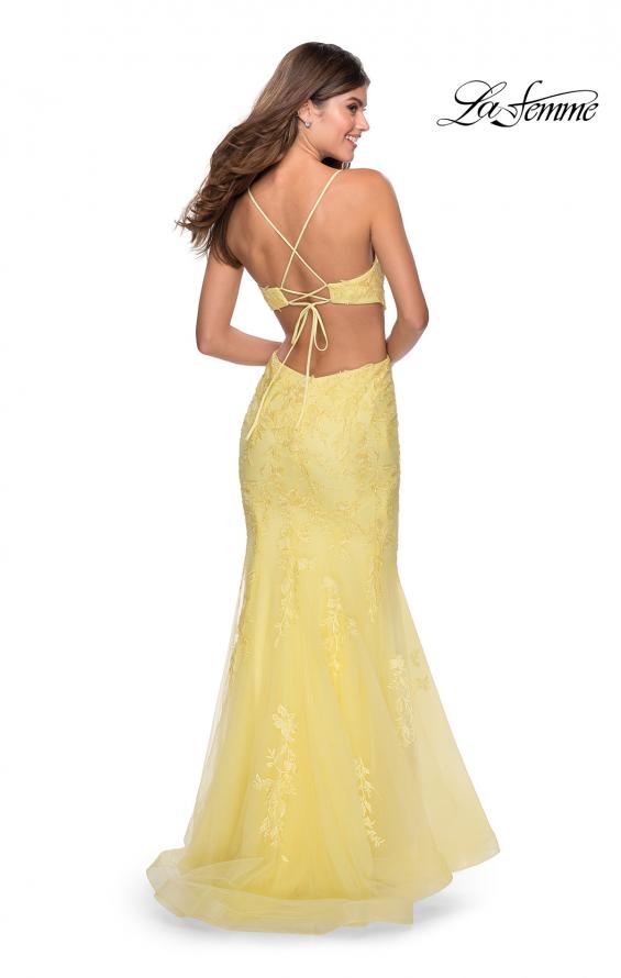 Picture of: Mermaid Tulle Gown with Floral Lace and Rhinestones in Yellow, Style: 28768, Back Picture