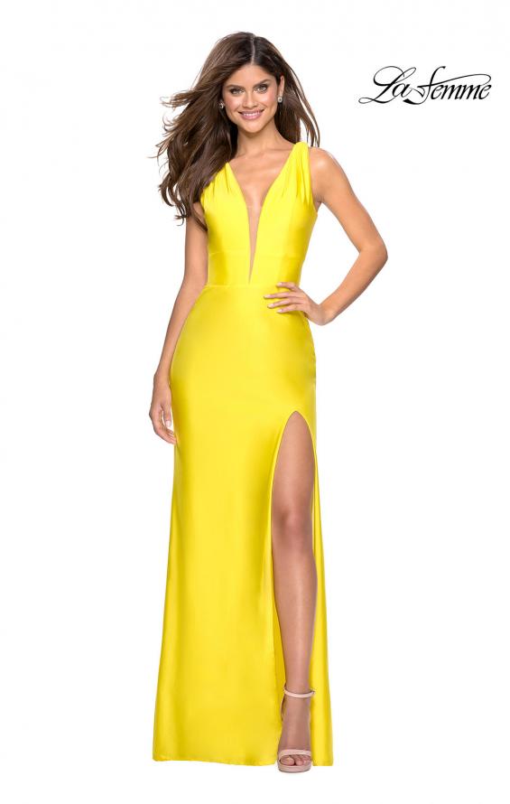 Picture of: Form Fitting Long Jersey Dress with Plunging Neckline in Yellow, Style: 27602, Detail Picture 1