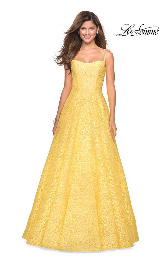 Picture of: Long Lace Organza Sweetheart Neckline Gown in Yellow, Style: 27190, Detail Picture 3