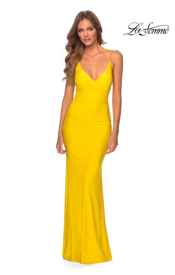 Picture of: Empire Waist Dress with Ruching and Lace Up Back in Yellow, Style: 28593, Detail Picture 3