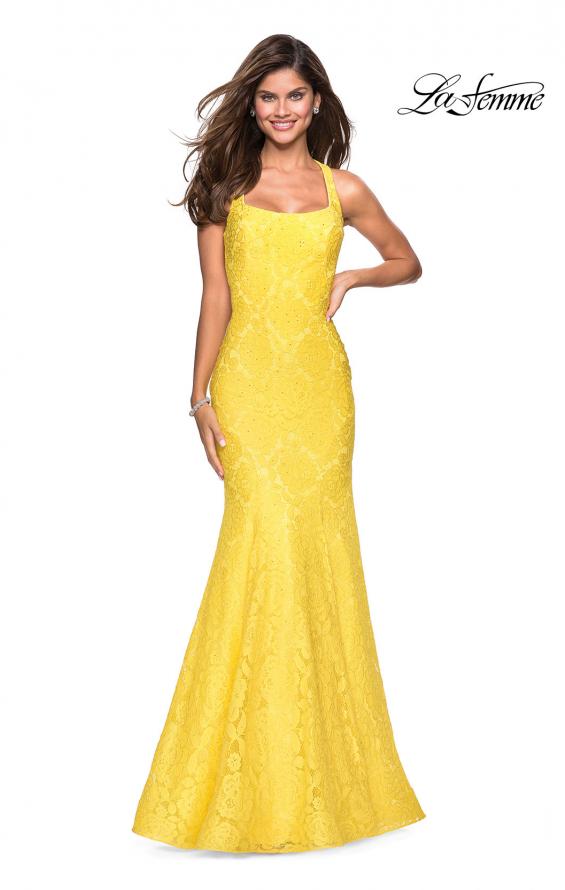 Picture of: Stretch Lace Mermaid Prom Dress with Cut Out Back in Yellow, Style: 27484, Detail Picture 4