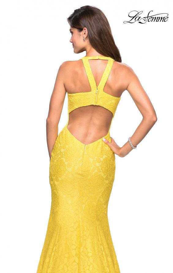 Picture of: Stretch Lace Mermaid Prom Dress with Cut Out Back in Yellow, Style: 27484, Detail Picture 5